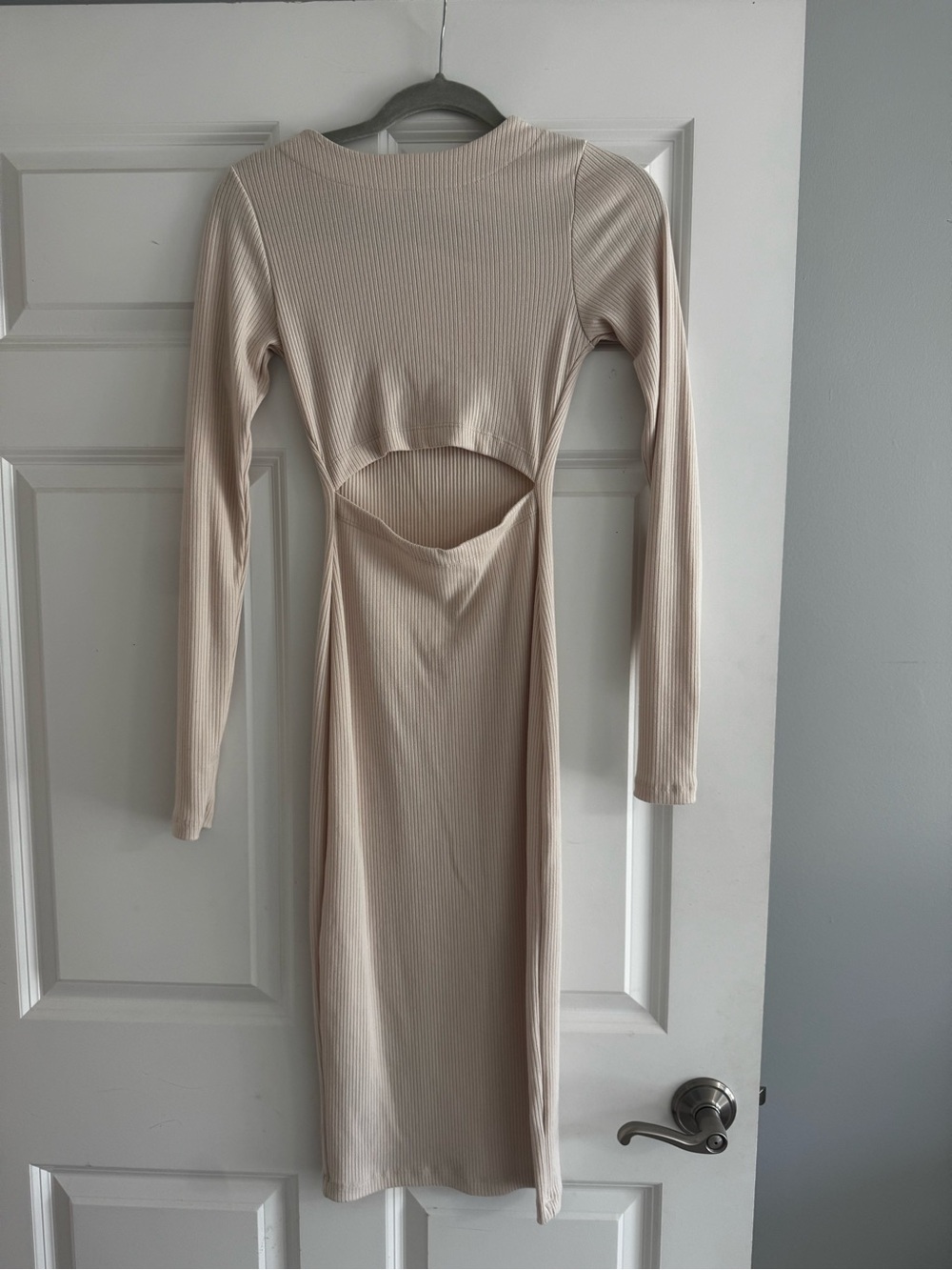 Long Sleeve Cutout Ribbed Midi Dress in Cream